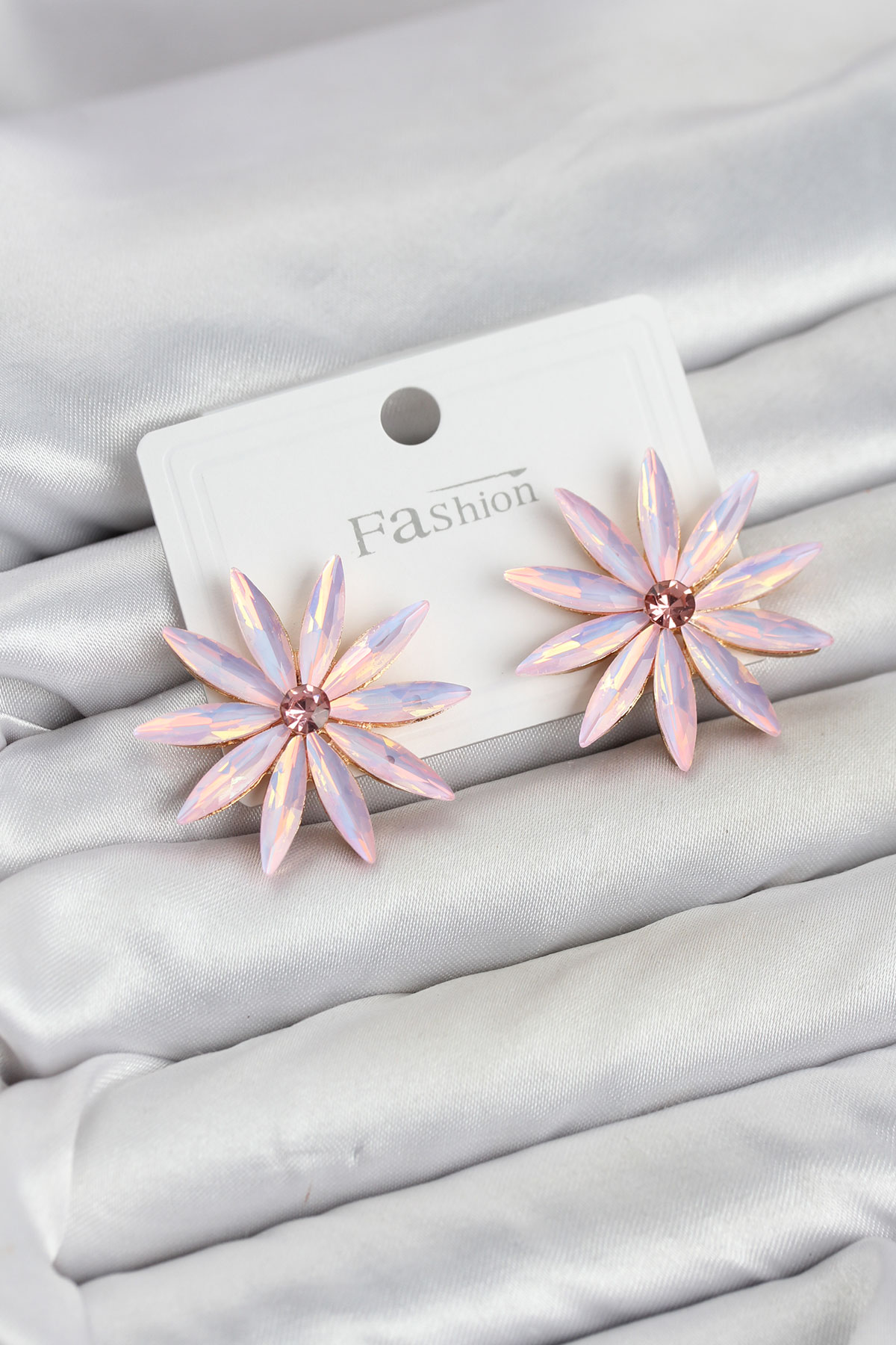 Pembe Kristal Taşlı Lotus Model Kadın Küpe 5886