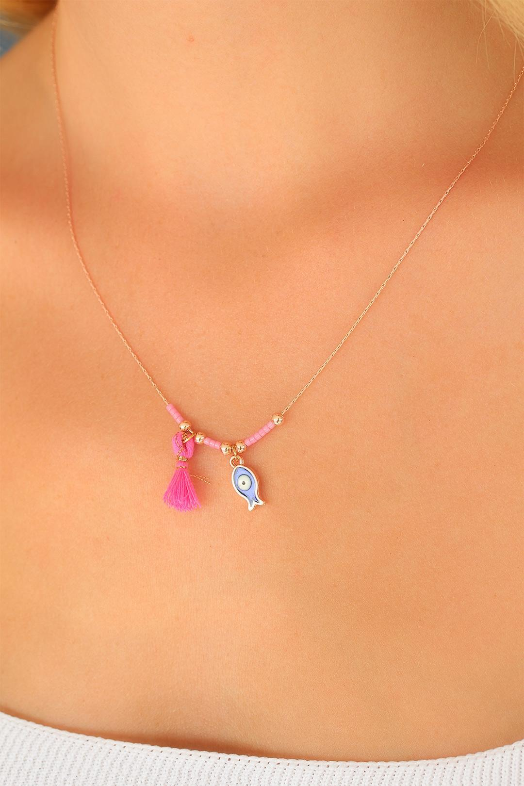 Nazar Boncuklu Pembe Renk Taşlı Rose Bayan Kolye 5886