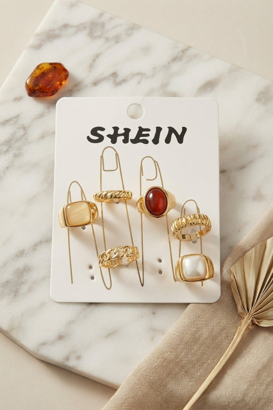 Gold Renk Pirinç Taş Detaylı Bohem Yüzük Kombini BYK4280 5886