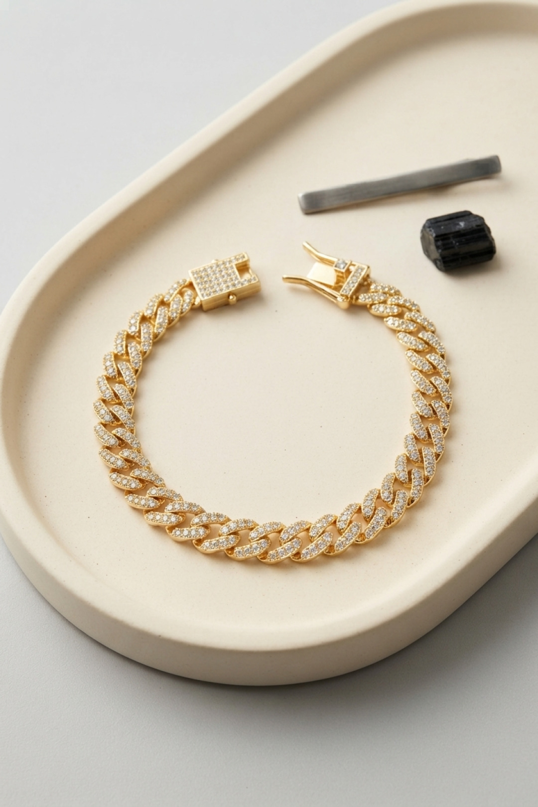 Gold Renk Zirkon Taşlı Cuban Zincir Model Klips Kapamalı Erkek Bileklik 5886
