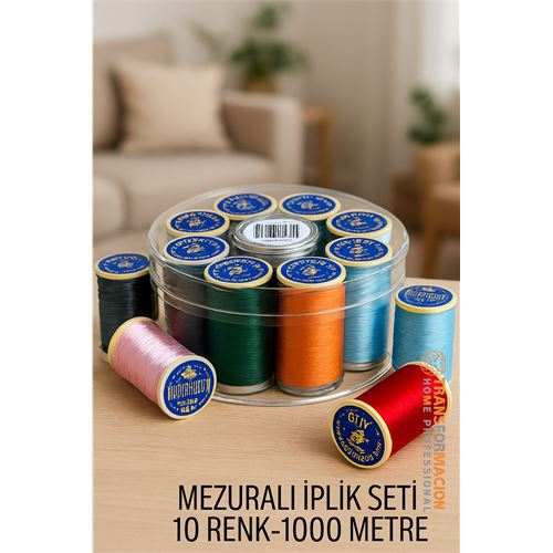 HSNET Dikiş İpliği Seti - 10 Renk 1000 Mt Kutulu Mezuralı Dikiş Seti 