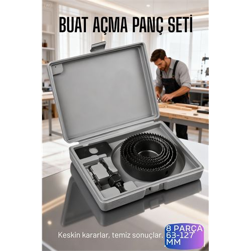 8 Parça Profesyonel Panç Buat Açma Seti - Ahşap ve Alçıpan Delme Testere Seti (63-127 mm) 