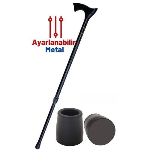 Yükseklik Ayarlanabilir SİYAH Metal Baston - 7 Kademe Ayarlı Ergonomik Denge Desteği + 2 Yedek Uç  