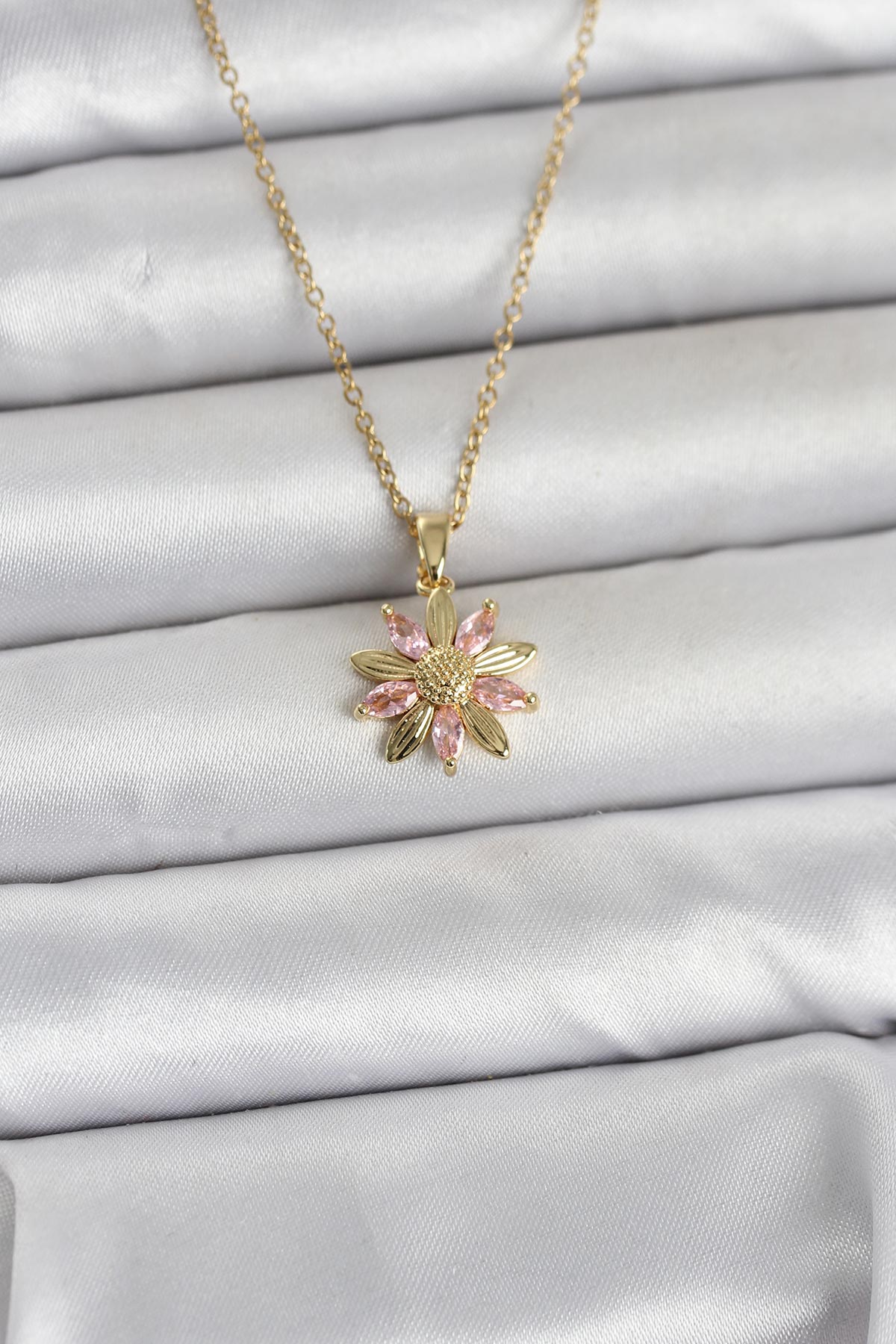 316L Çelik Zincir Gold Renk Pembe Papatya Model Kadın Kolye 5886