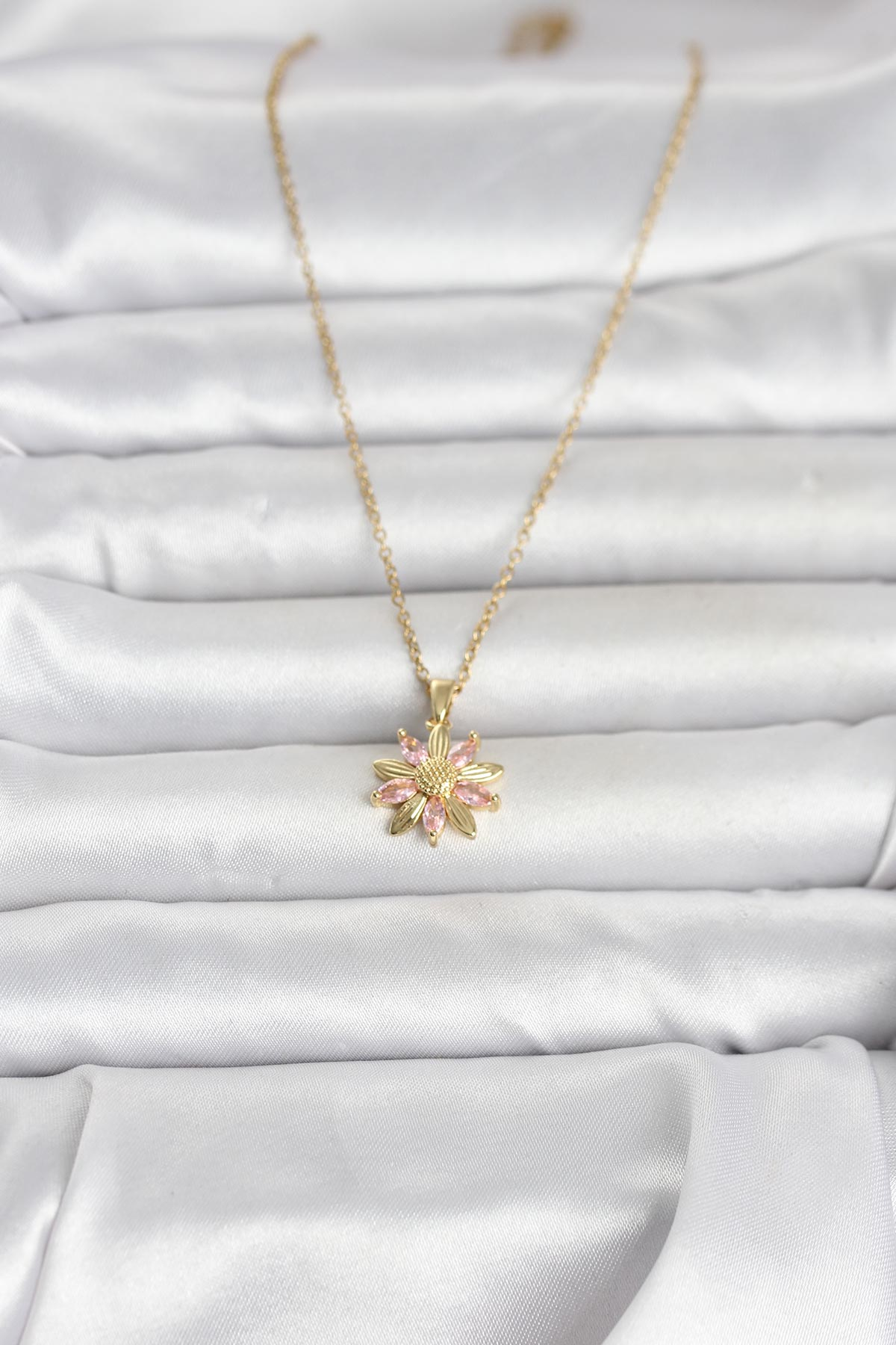 316L Çelik Zincir Gold Renk Pembe Papatya Model Kadın Kolye 5886