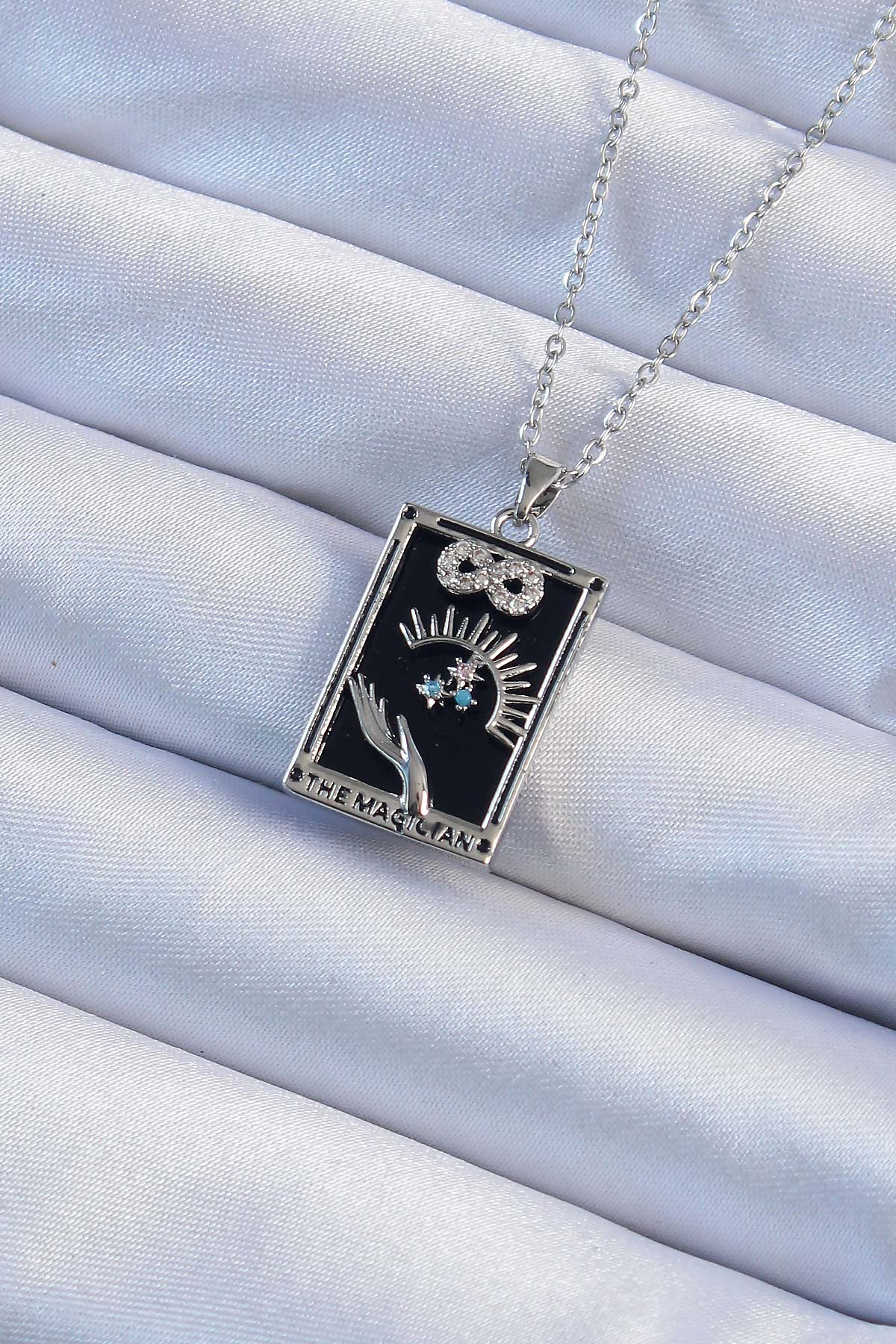 316L Çelik Zincir Gümüş Renk Zirkon Taşlı Sonsuzluk Figürlü Tarot Kolye 5886