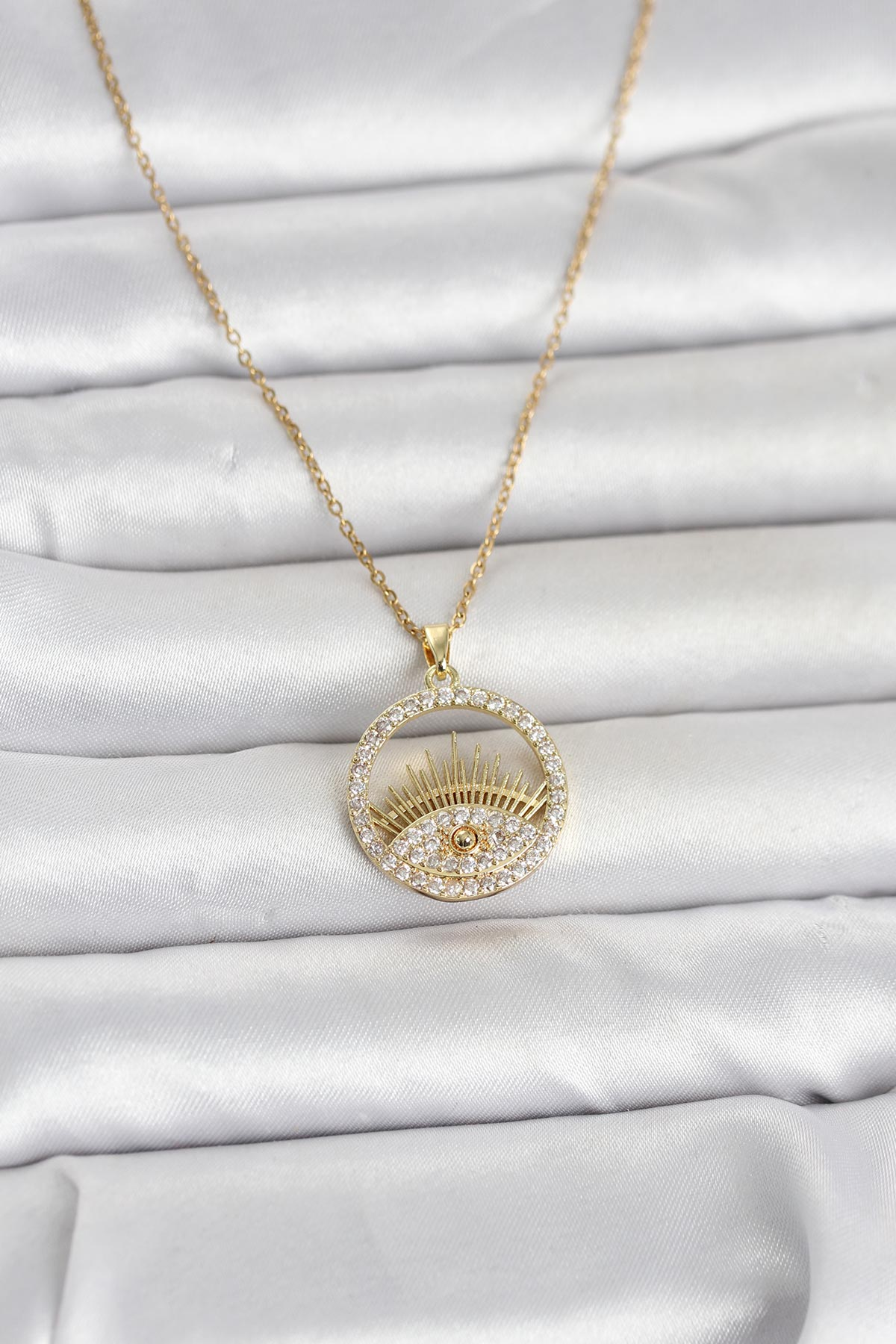 316L Çelik Gold Renk Zirkon Taşlı Göz Model Kadın Kolye 5886