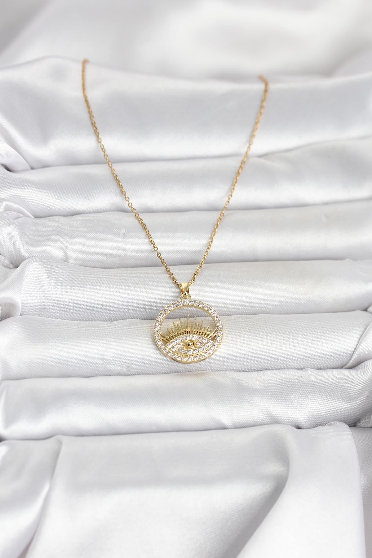 316L Çelik Gold Renk Zirkon Taşlı Göz Model Kadın Kolye 5886