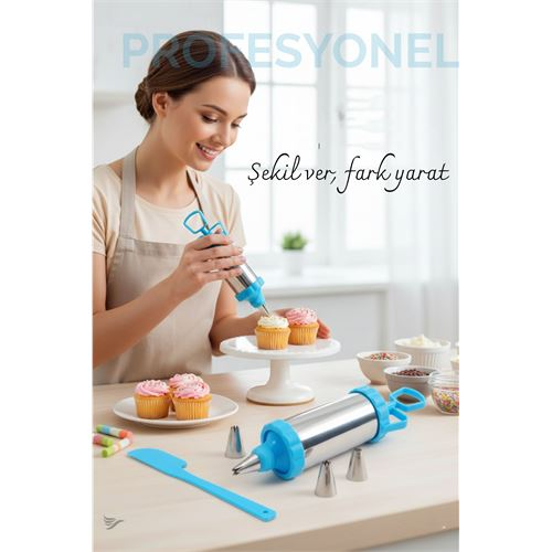 Krema Sıkma Pompası Paslanmaz Çelik – 3 Uçlu, 20 cm, Parti ve Pasta Dekorları İçin Profesyonel Yardımcı 