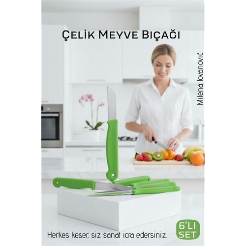 6'lı Premium Paslanmaz Çelik Meyve Bıçağı Seti - Yeşil Saplı Keskin Soyma Bıçağı Takımı 