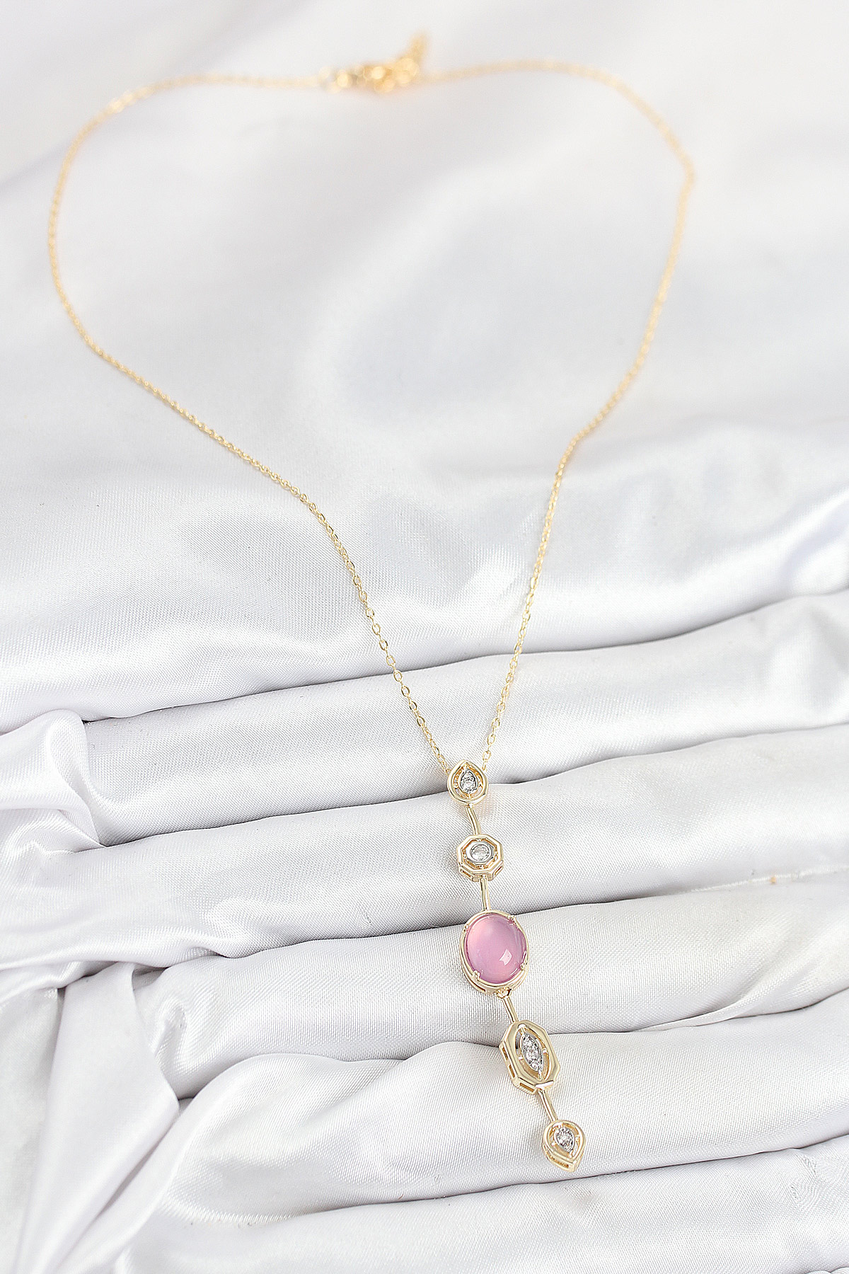 Pirinç Zincir Pembe Gold Renk Zirkon Taşlı Y Kolye 5886