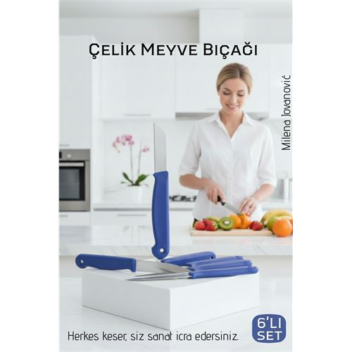 6'lı Premium Paslanmaz Çelik Meyve Bıçağı Seti - Mavi Saplı Keskin Soyma Bıçağı Takımı 