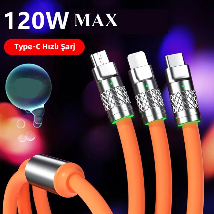 ALLY 3 in 1 Usb to Type-C + Micro Usb + Lightning 120W Hızlı Şarj Kablosu-(5775)