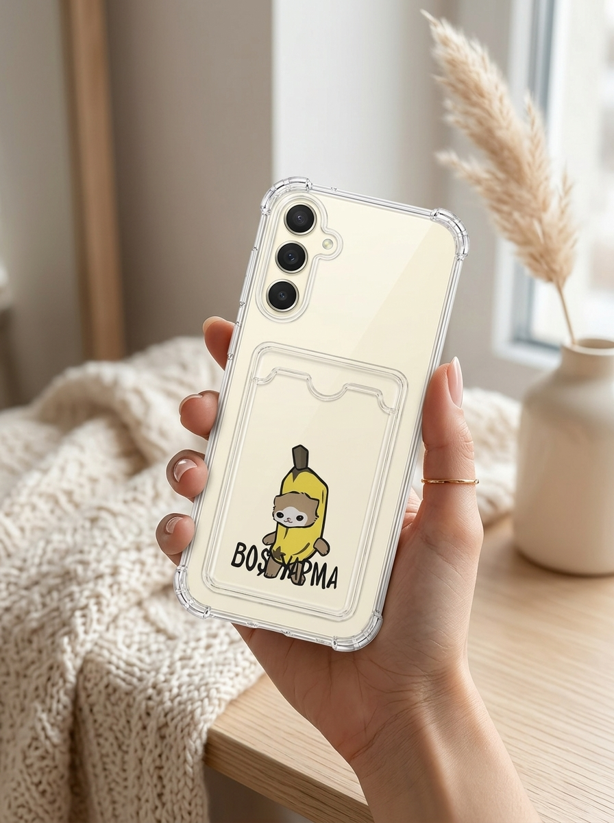 Samsung Galaxy A36 Boş Yapma Muz Detaylı Kart Bölmeli Şeffaf Telefon Kılıfı