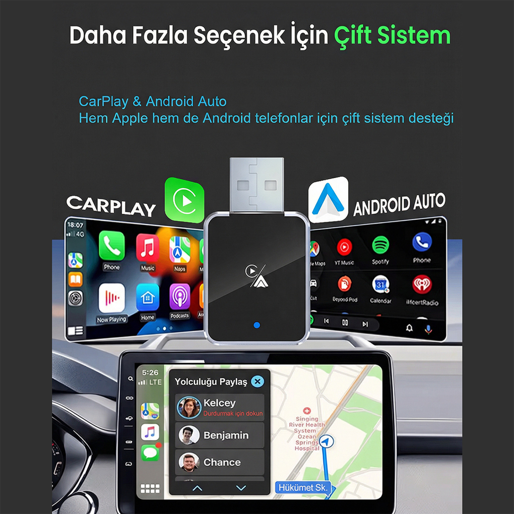 S-LINK SL-CAR01 2in1 Android ve Apple Cihazlar Kablosuz Android Auto ve Carplay Adaptörü(1923) 4