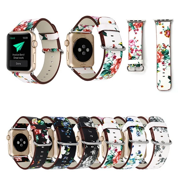 Ally Apple Watch 7-8 41mm 6-5-4 40mm Gül Desenli Pu Deri Kordon Kayış 3-2-1 38mm-(1903)