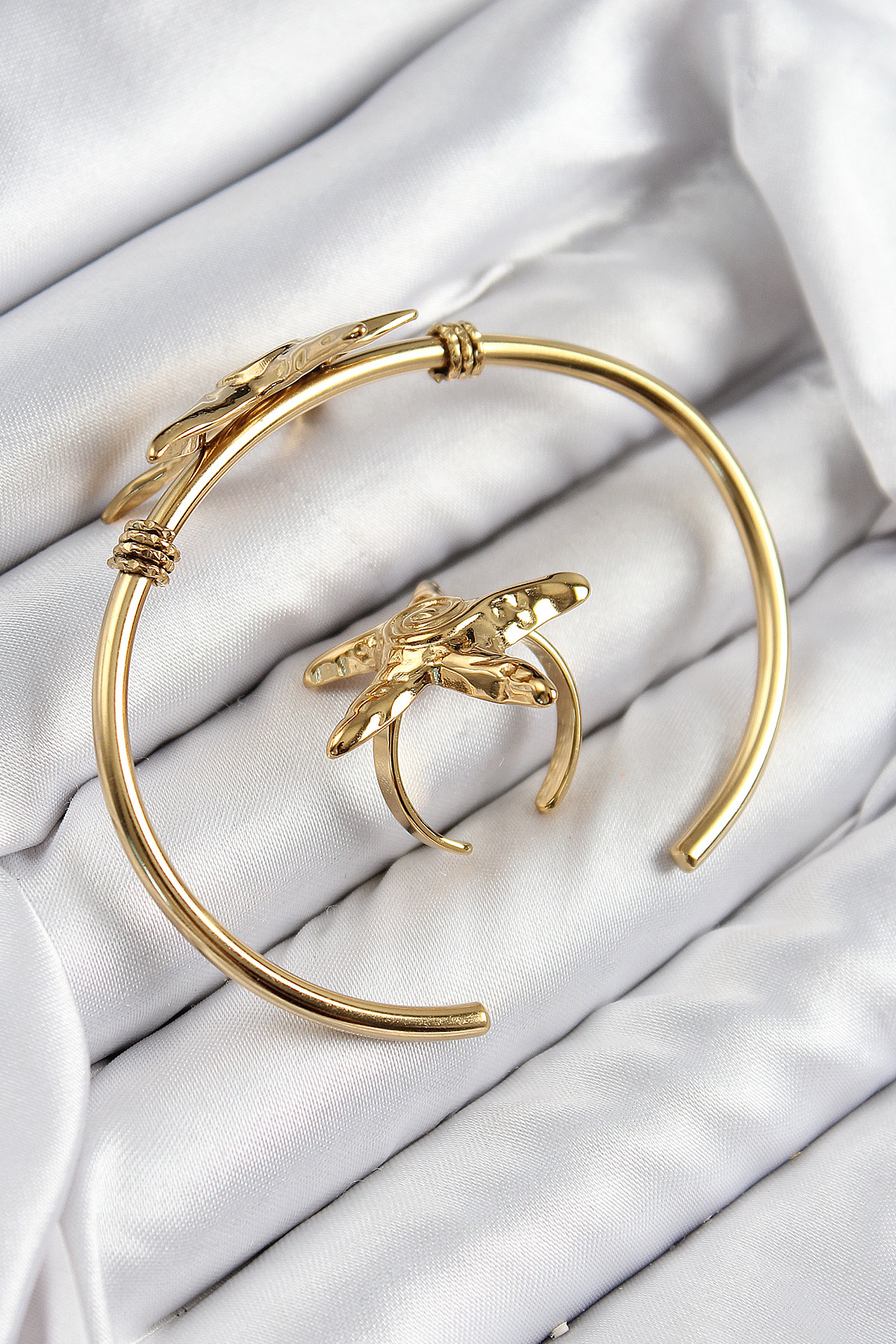 Pirinç Deniz Yıldızı Model Gold Renk Bileklik Yüzük Set 5886