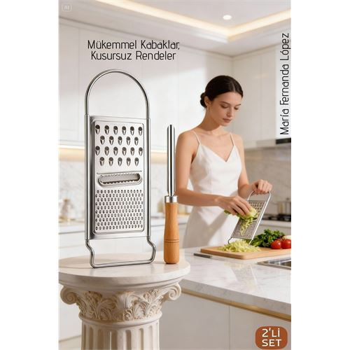 Paslanmaz Çelik El Rendesi ve Ahşap Saplı Kabak Oyacağı - 2'li Profesyonel Mutfak Hazırlık Seti 
