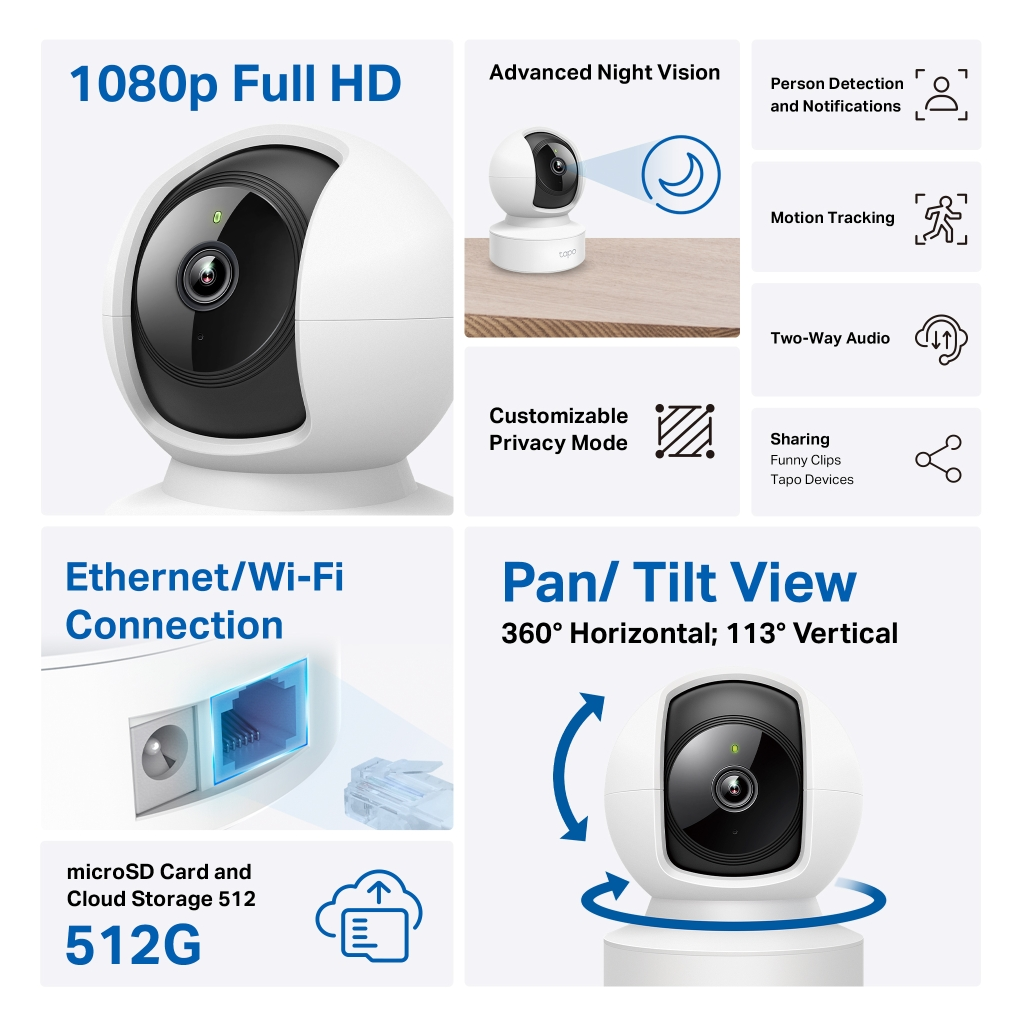TP-LINK Tapo C202 Bebek/Ev Güvenlik Kamerası WiFi-Ehernet 1080P 12Mt Gece Görüşü PAN/TILT iki Yönlü Ses(1923) 3