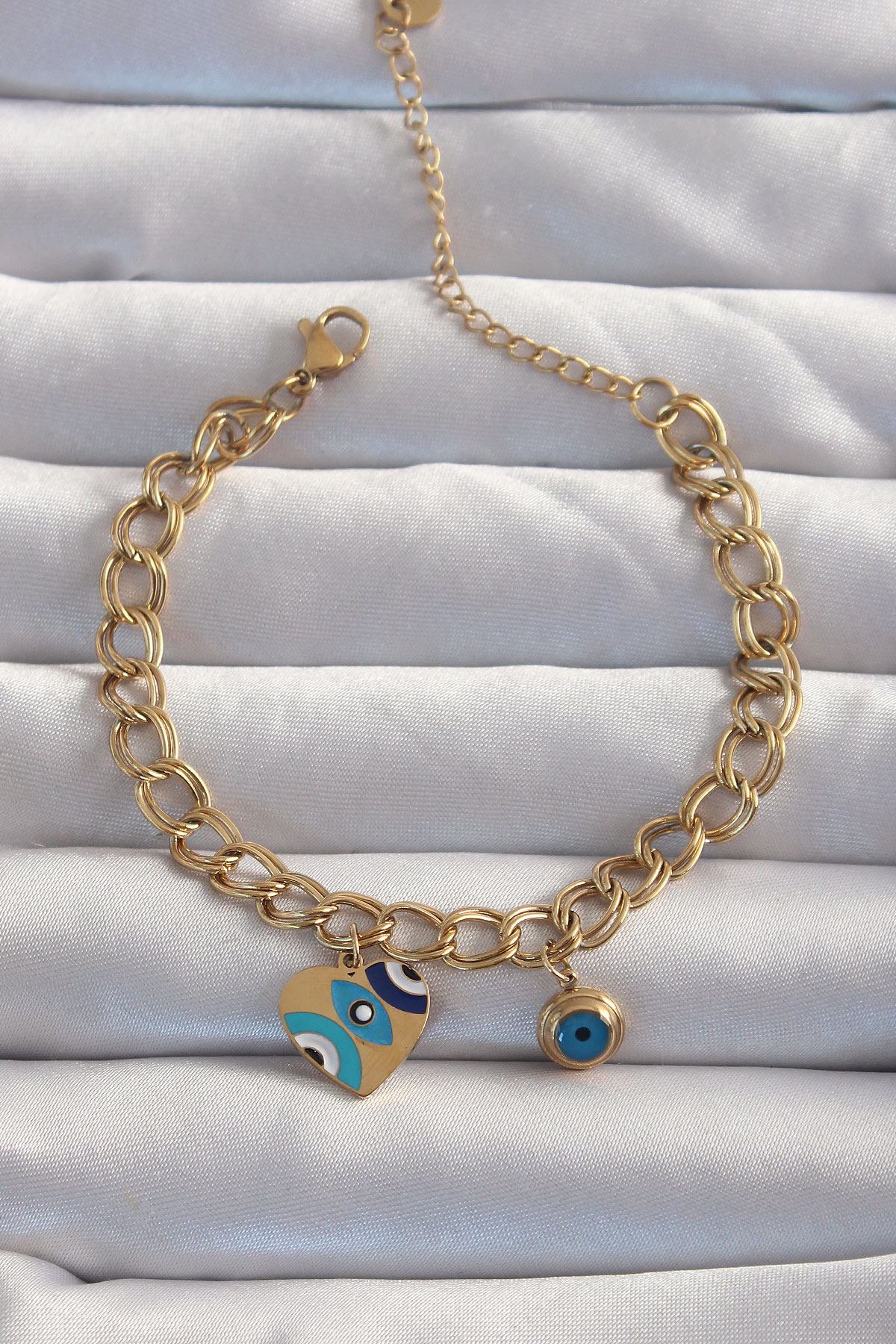 316L Çelik Gold Renk Nazarlı Kalp Model Zincir Bileklik 5886
