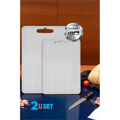 HSNET Kesim Tahtası - Profesyonel 304 Paslanmaz Çelik Doğrama Tahtası 2 Lİ SET 
