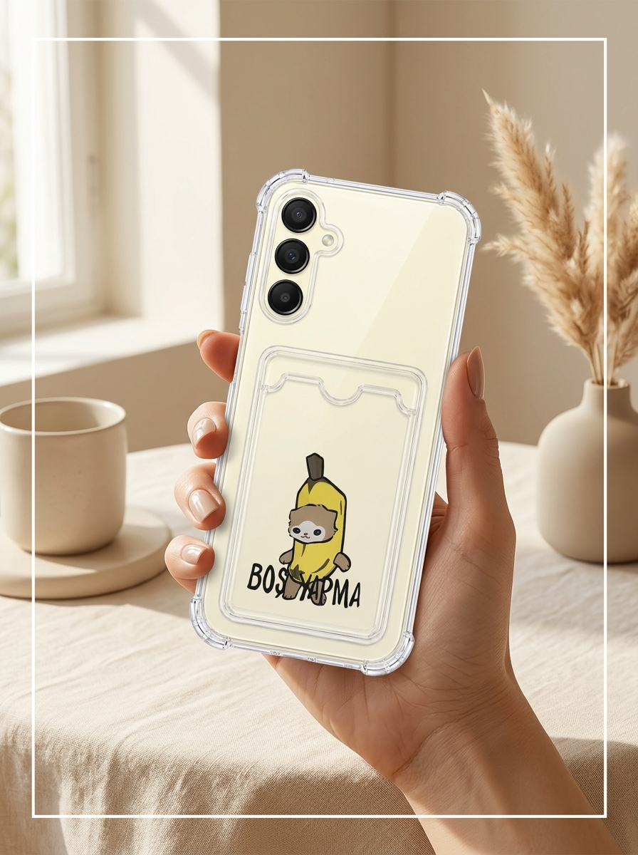 Samsung Galaxy A16 Boş Yapma Muz Detaylı Kart Bölmeli Şeffaf Telefon Kılıfı
