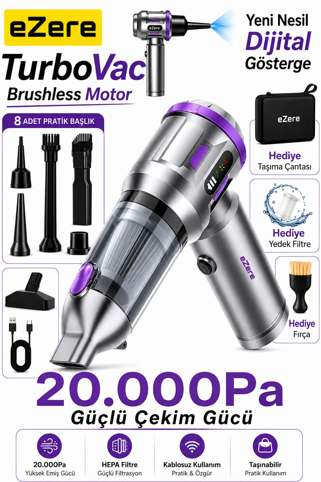 EZERE TurboVac 20000pa Güçlü Dijital Göstergeli Vakumlu Kablosuz Üflemeli Mini Araç Süpürgesi-(5775)