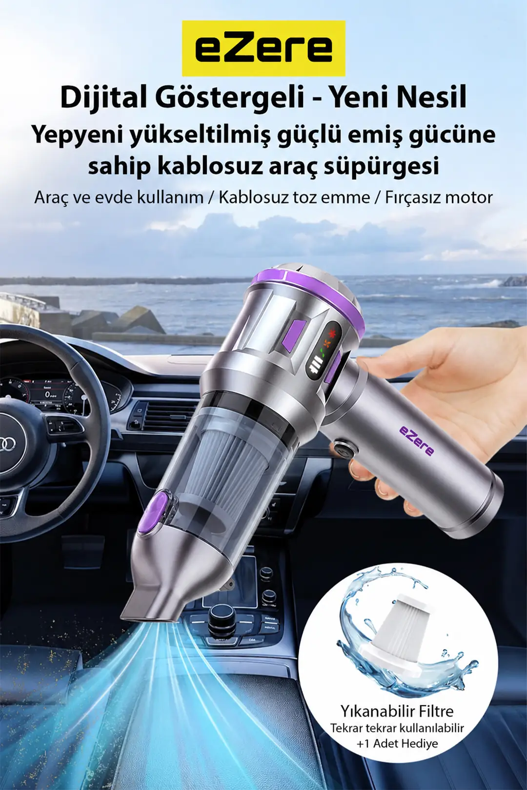 EZERE TurboVac 20000pa Güçlü Dijital Göstergeli Vakumlu Kablosuz Üflemeli Mini Araç Süpürgesi-(5775)