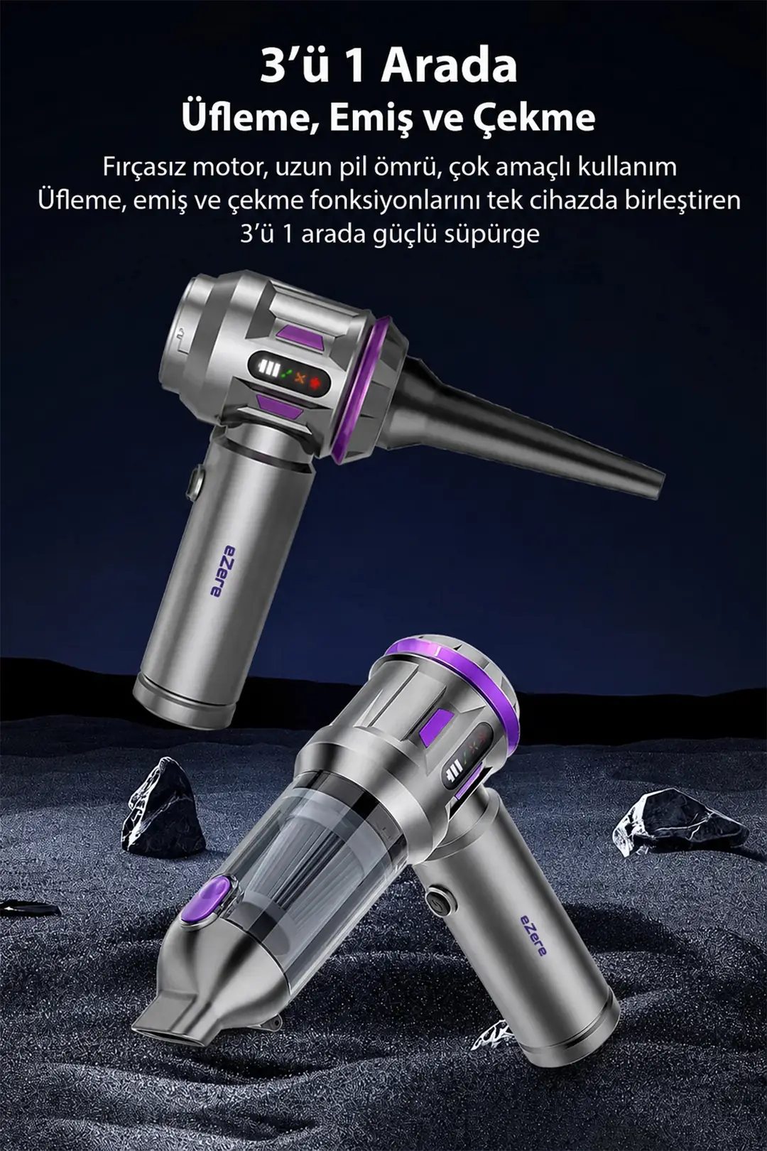 EZERE TurboVac 20000pa Güçlü Dijital Göstergeli Vakumlu Kablosuz Üflemeli Mini Araç Süpürgesi-(5775)