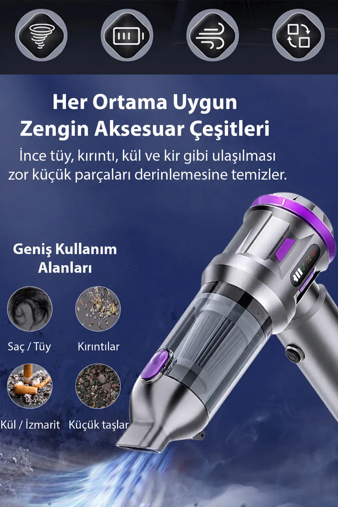 EZERE TurboVac 20000pa Güçlü Dijital Göstergeli Vakumlu Kablosuz Üflemeli Mini Araç Süpürgesi-(5775)