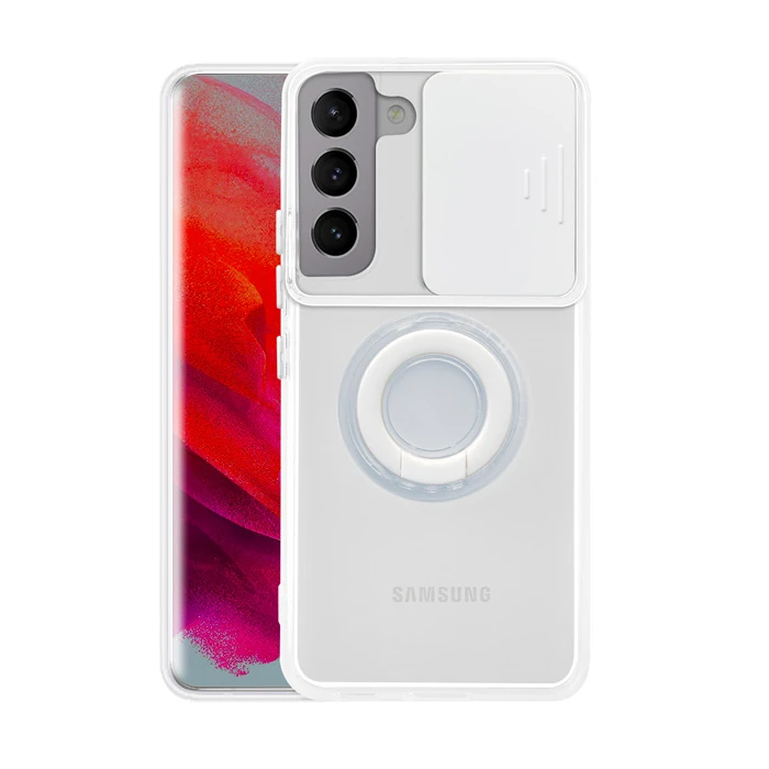 SM Galaxy S21 Plus - S30 Plus Kılıf Sürgülü Kamera Lens Korumalı Yüzük Standlı Silikon Kılıf-(1903)