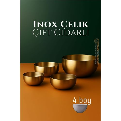 HSNET Çift Cidarlı Kase - Inox Çelik 4 LÜ Kase Seti Kase  
