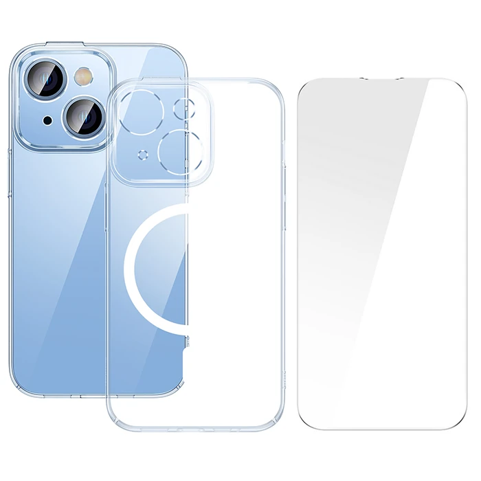 Baseus Crystal iPhone 14 Plus 6.7 Magsafe Silikon Kılıf + Tempered Ekran Koruyucu Set-(1903)