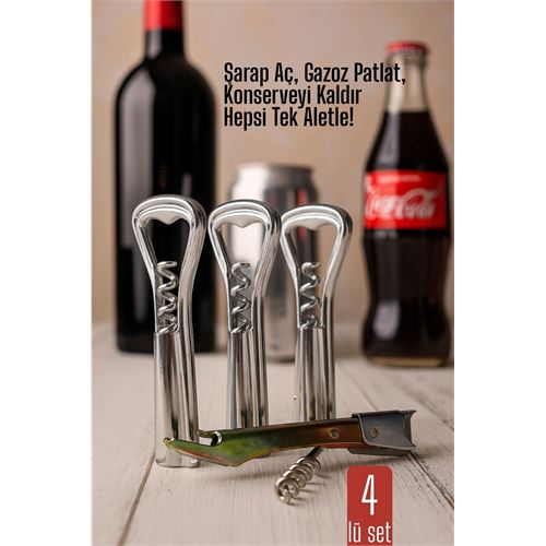 HSNET 4 lü set Barmen Tipi Şişe Açacağı ve Tirbuşon Konserve Açıcı Dayanıklı ve Pratik 