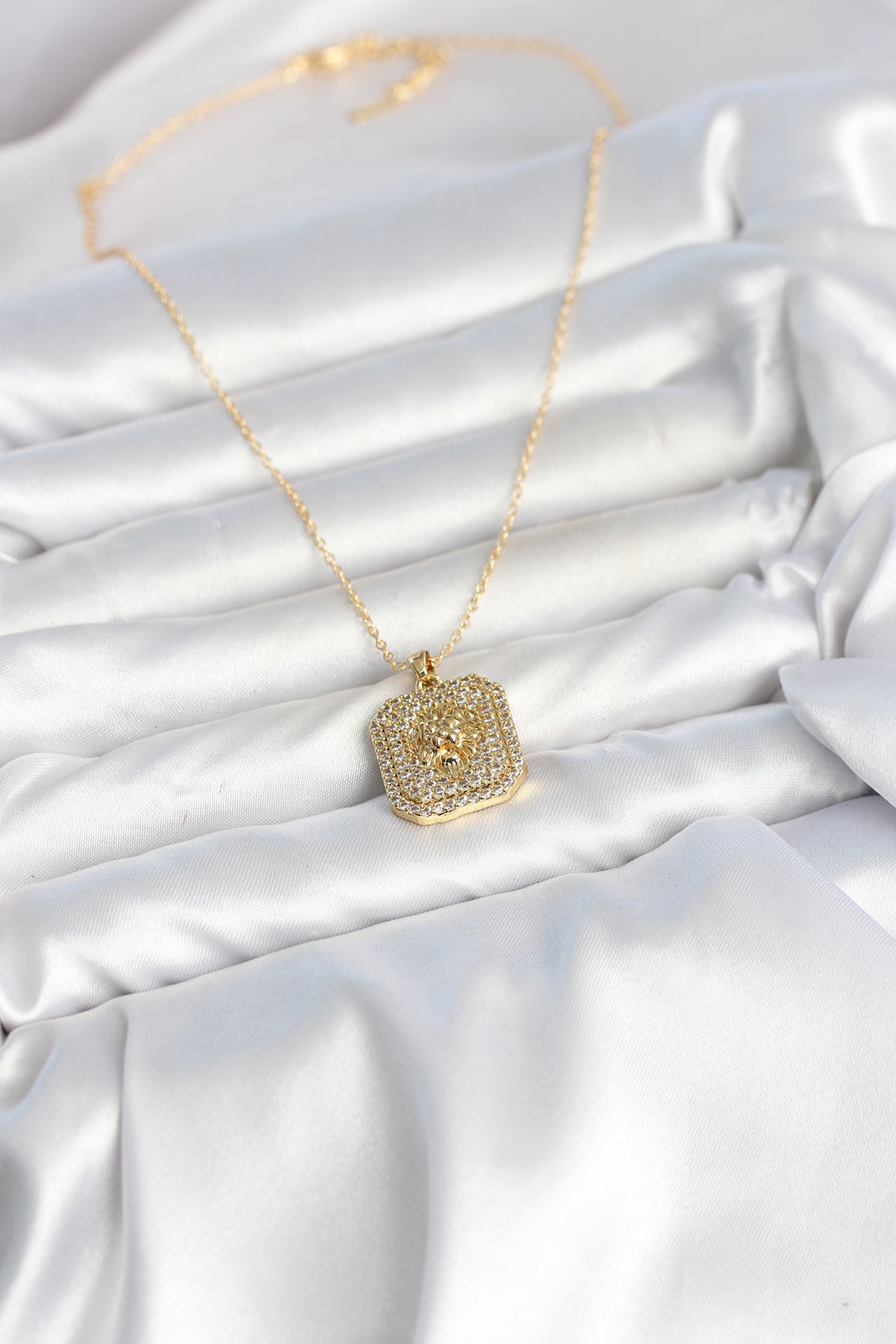 316L Çelik Zincir Gold Aslan Madalyon Model Zirkon Taşlı Kadın Kolye 5886