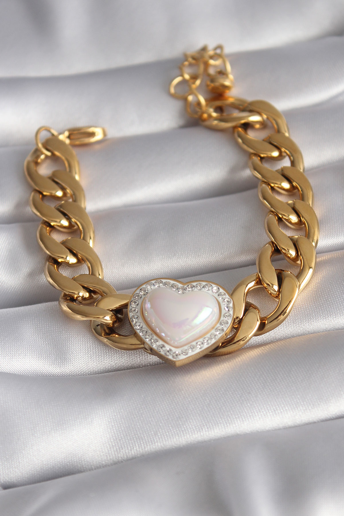 316L Çelik Gold Renk Pembe 3D Kalp Model Zirkon Taşlı Kadın Bileklik 5886