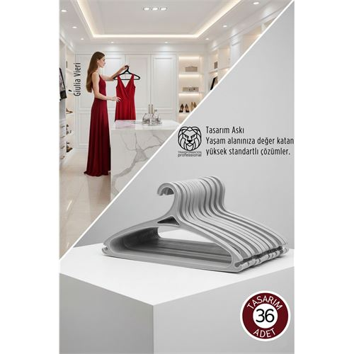 Giulia Vieri Selection: 36'li Premium İtalyan Tasarım İnce Siluet Kaymaz Elbise Askısı Seti GRİ 