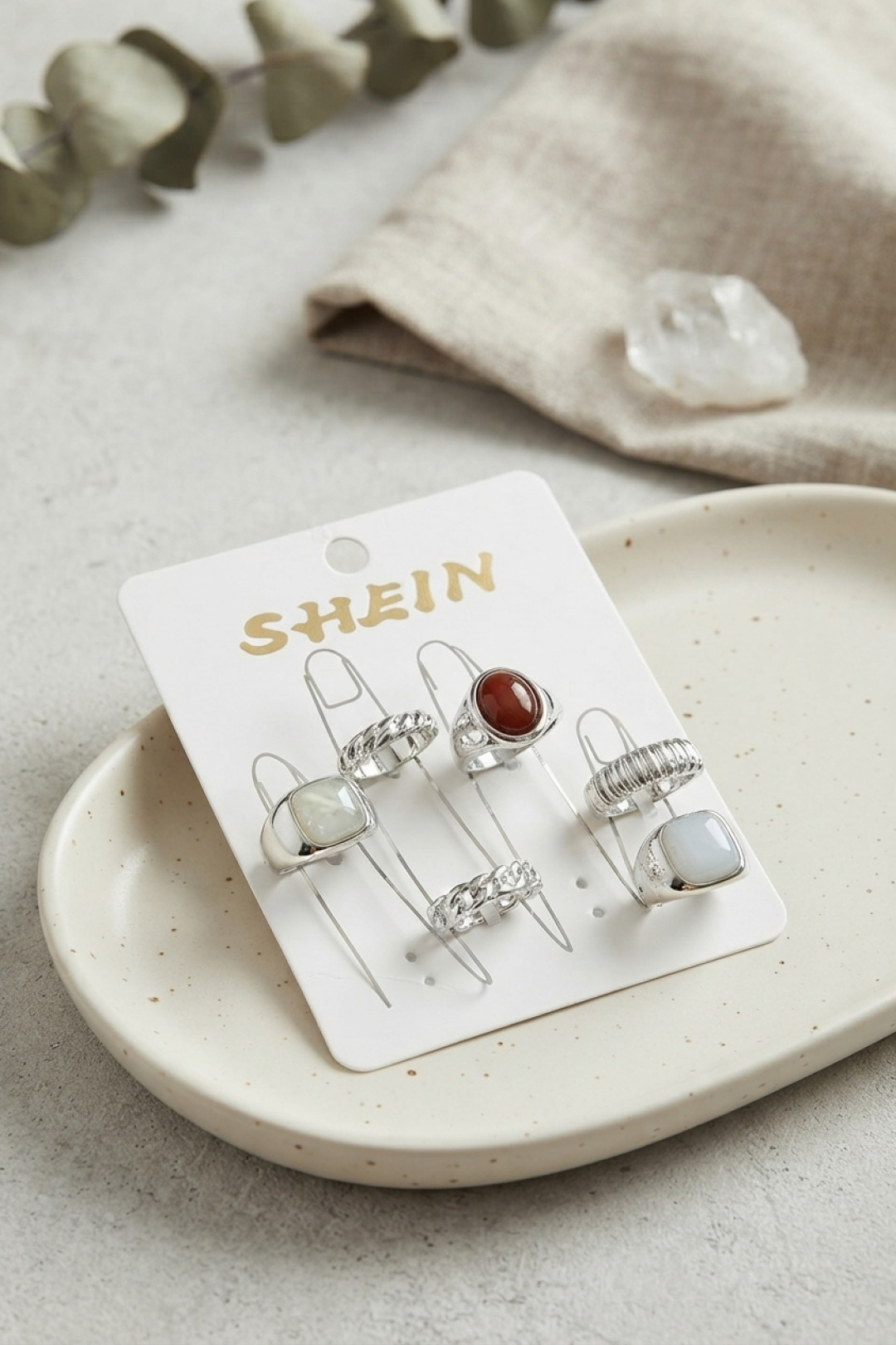 Gümüş Renk Pirinç Taş Detaylı Bohem Yüzük Kombini BYK4279 5886