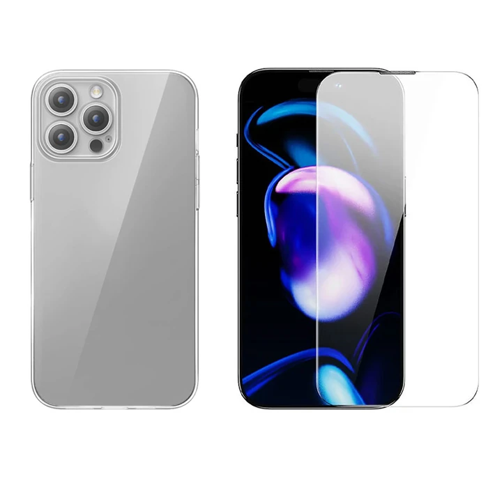 Baseus iPhone 15 Pro Schott Serisi Şeffaf Silikon Kılıf + Tempered Ekran Koruyucu Set-(1903)
