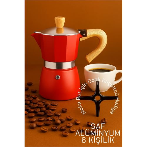 HSNET Italyan Moka Pot - 6061 Saf Alüminyum  Ahşap Saplı - 6 kişilik KIRMIZI 