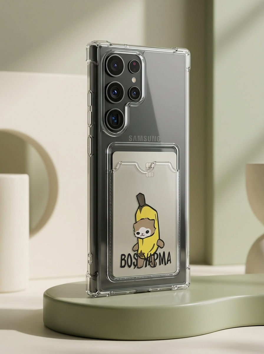Samsung Galaxy S26 Ultra Boş Yapma Muz Detaylı Kart Bölmeli Şeffaf Telefon Kılıfı