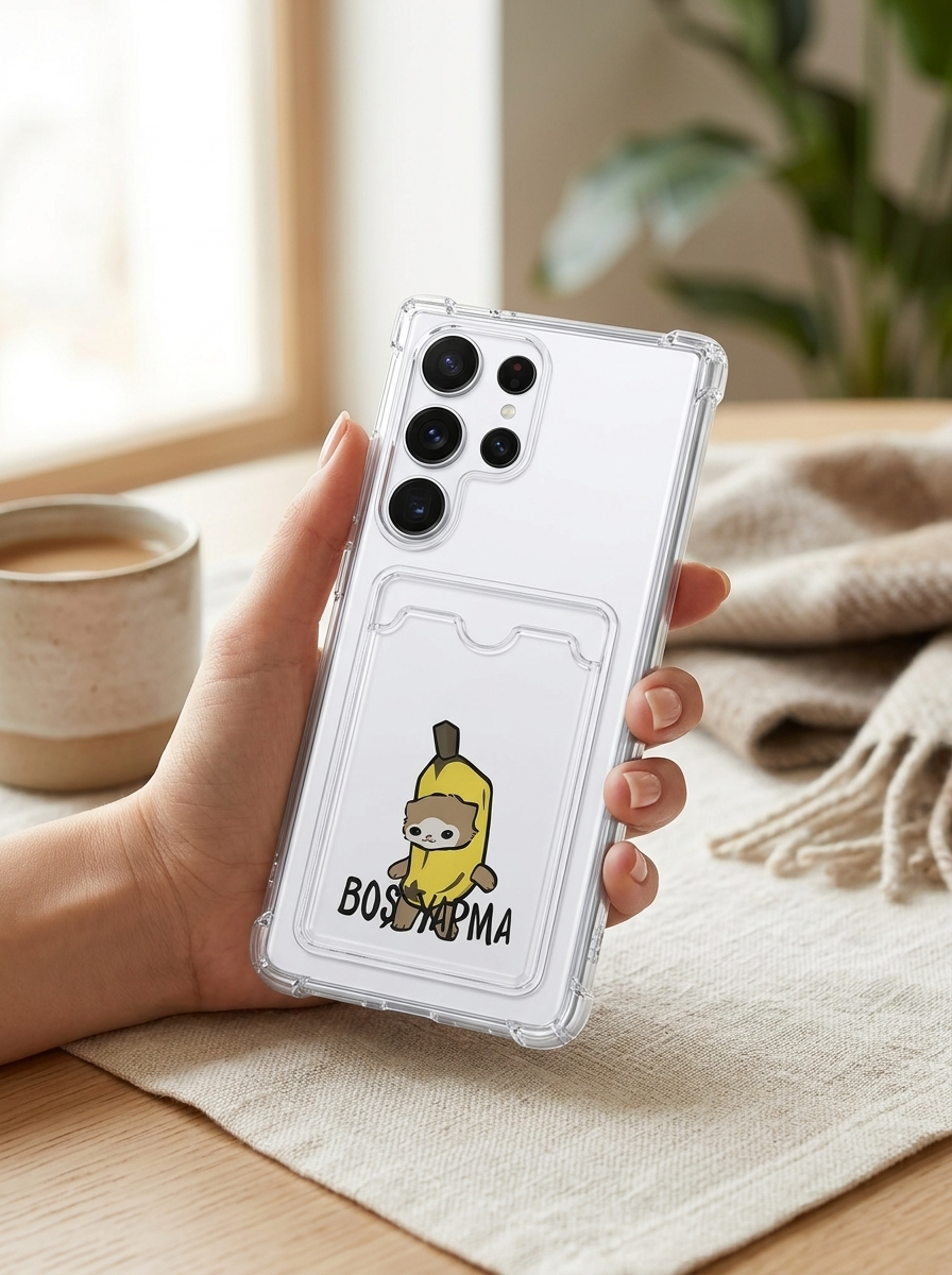 Samsung Galaxy S26 Ultra Boş Yapma Muz Detaylı Kart Bölmeli Şeffaf Telefon Kılıfı