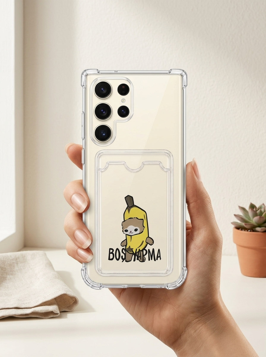 Samsung Galaxy S26 Ultra Boş Yapma Muz Detaylı Kart Bölmeli Şeffaf Telefon Kılıfı