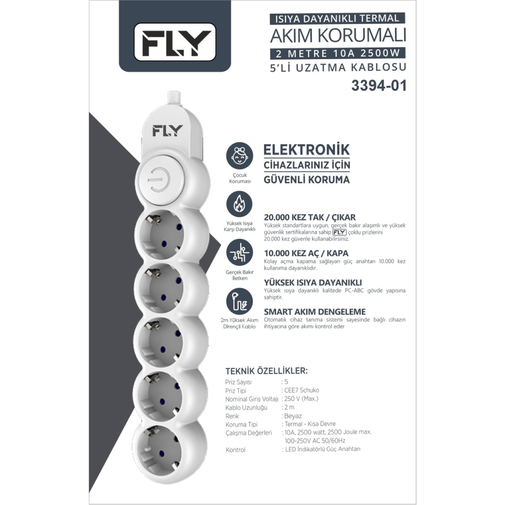 FLY 3394-01 5 Soket Akım Korumalı Priz 2.1A Anahtarlı 2Mt Kablo (Beyaz)(1923) 3