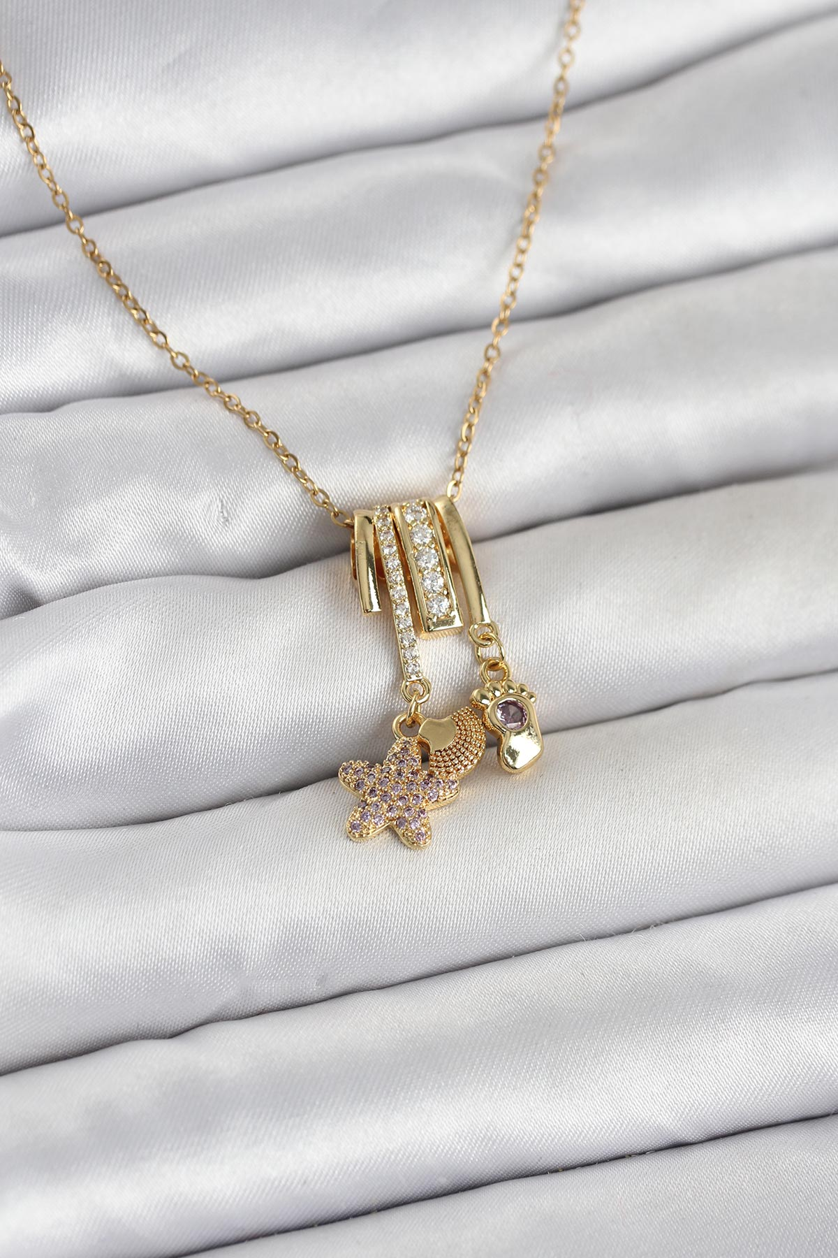 316L Çelik Gold Zirkon Taşlı Deniz Tema Charmlı Kadın Kolye 5886