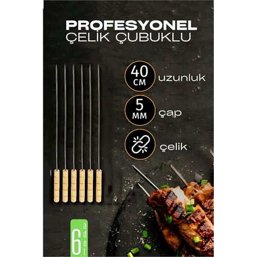 HSNET Çelik Şiş Çubuğu - Mangal Şişi Ahşap Saplı Kebap Şişi  6 Adet 
