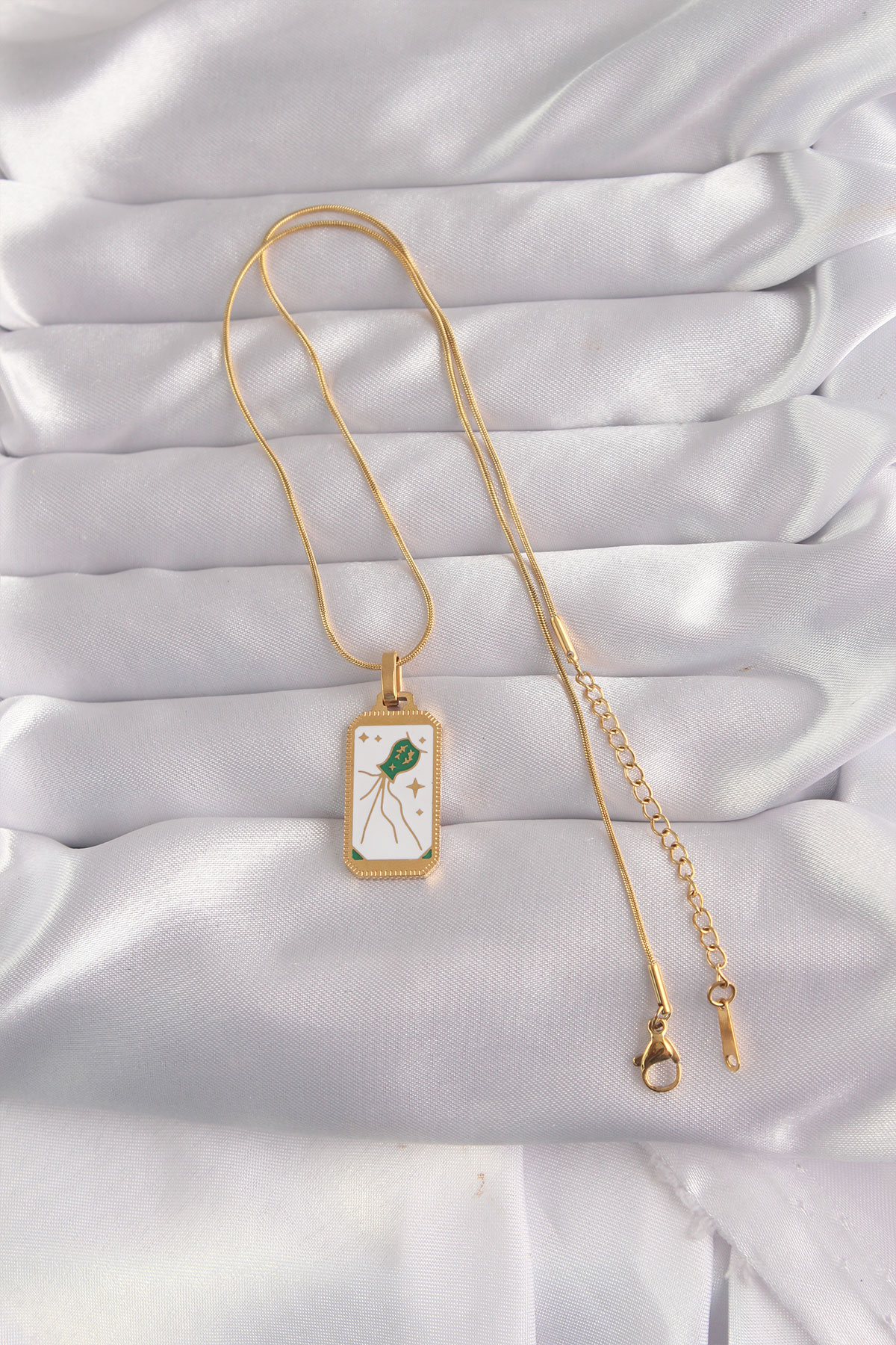 316L Çelik Gold Renk Beyaz Mineli Tarot Kolye 5886