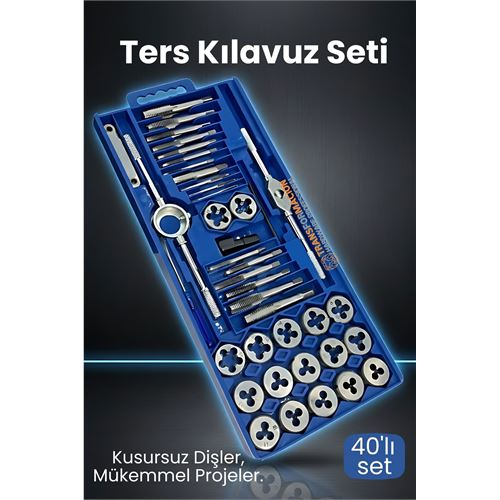 40 Parça Profesyonel Metrik Ters Kılavuz ve Pafta Seti   - Hassas Diş Açma ve Onarım Takımı 