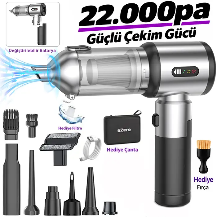 Ezere DuoForceVac 22000pa Güçlü Portatif Taşınabilir Vakumlu Kablosuz Üflemeli Mini Araç Süpürgesi-(5775)