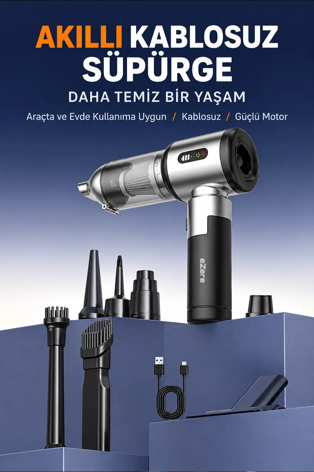 Ezere DuoForceVac 22000pa Güçlü Portatif Taşınabilir Vakumlu Kablosuz Üflemeli Mini Araç Süpürgesi-(5775)